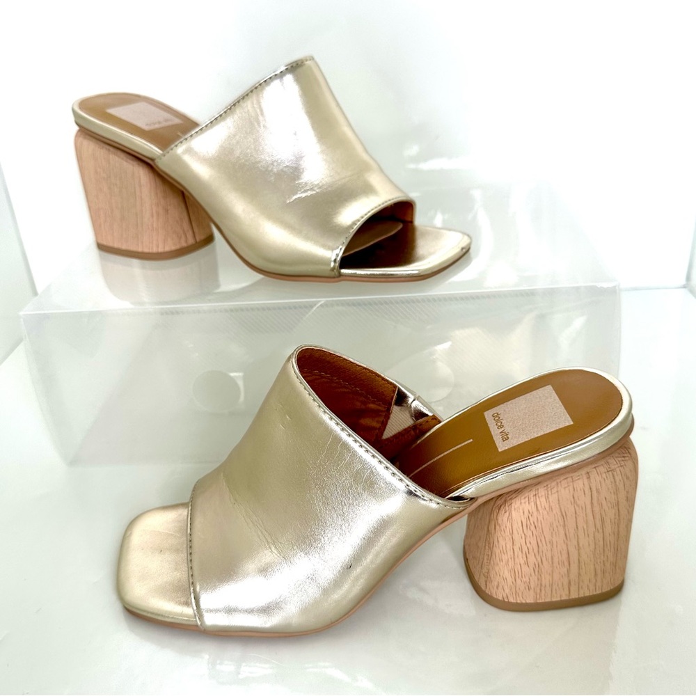 Dolce Vita “Nicco “ Shiny Gold Mules with Chunky Wooden Heel